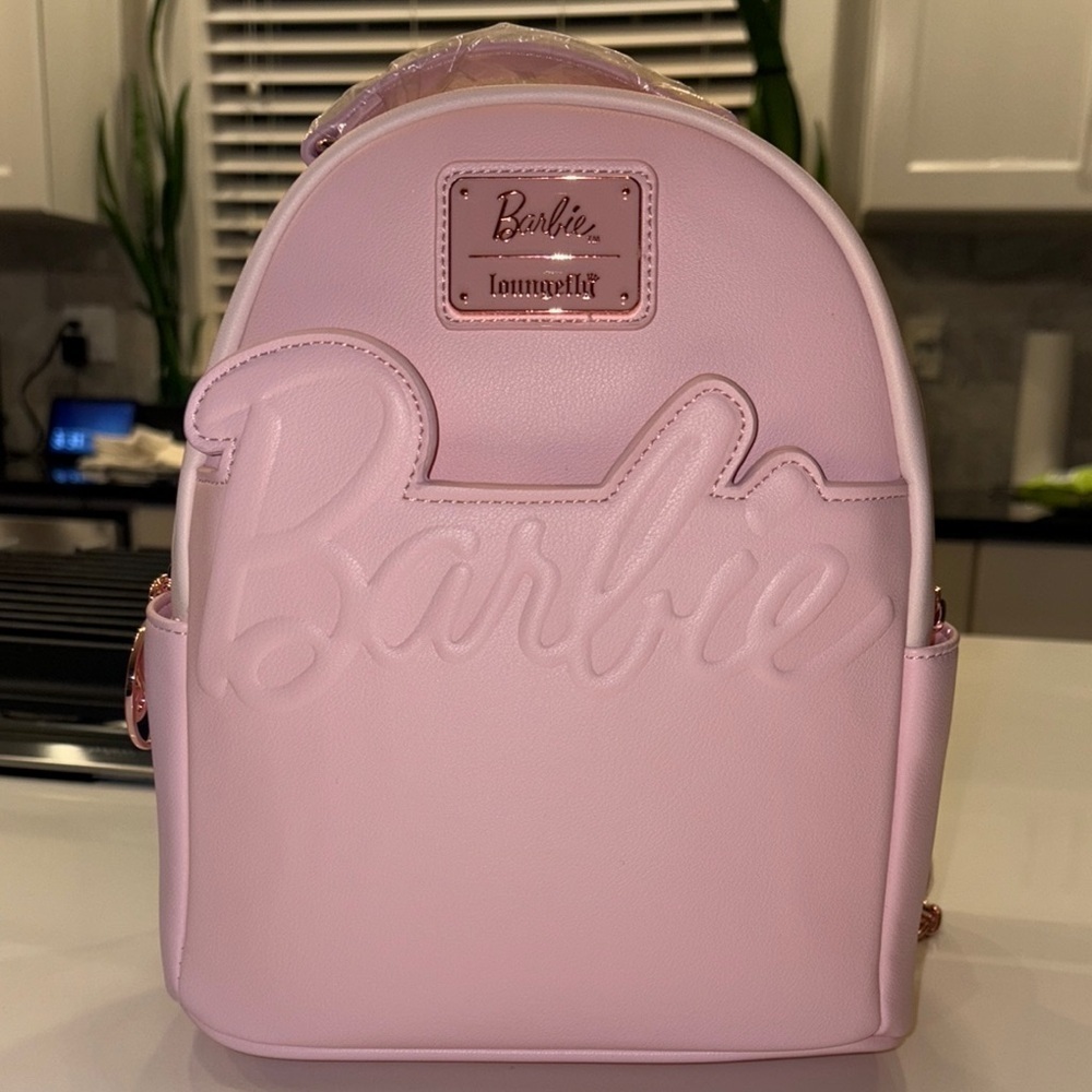 LOUNGEFLY Barbie Rose Gold Logo Chain Strap Convertible Mini Backpack, NWT.